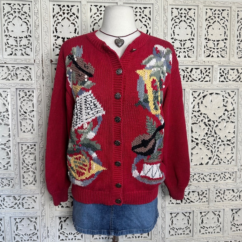 Vintage Orvis Red Button Up Chunky Grannycore‎ Christmas Cardigan Sweater